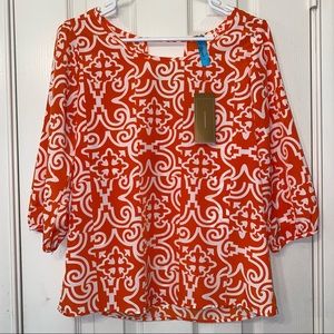 NWT : Francesca’s : 3/4 sleeve top : orange/white : Small